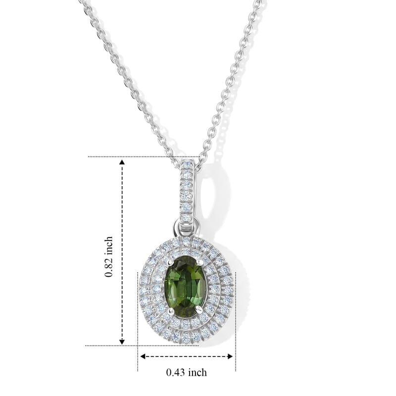D'Joy AAA Sapo Green Tourmaline and Moissanite 0.90 ctw Double Halo Pendant Necklace in Rhodium Over Sterling Silver 20 Inches