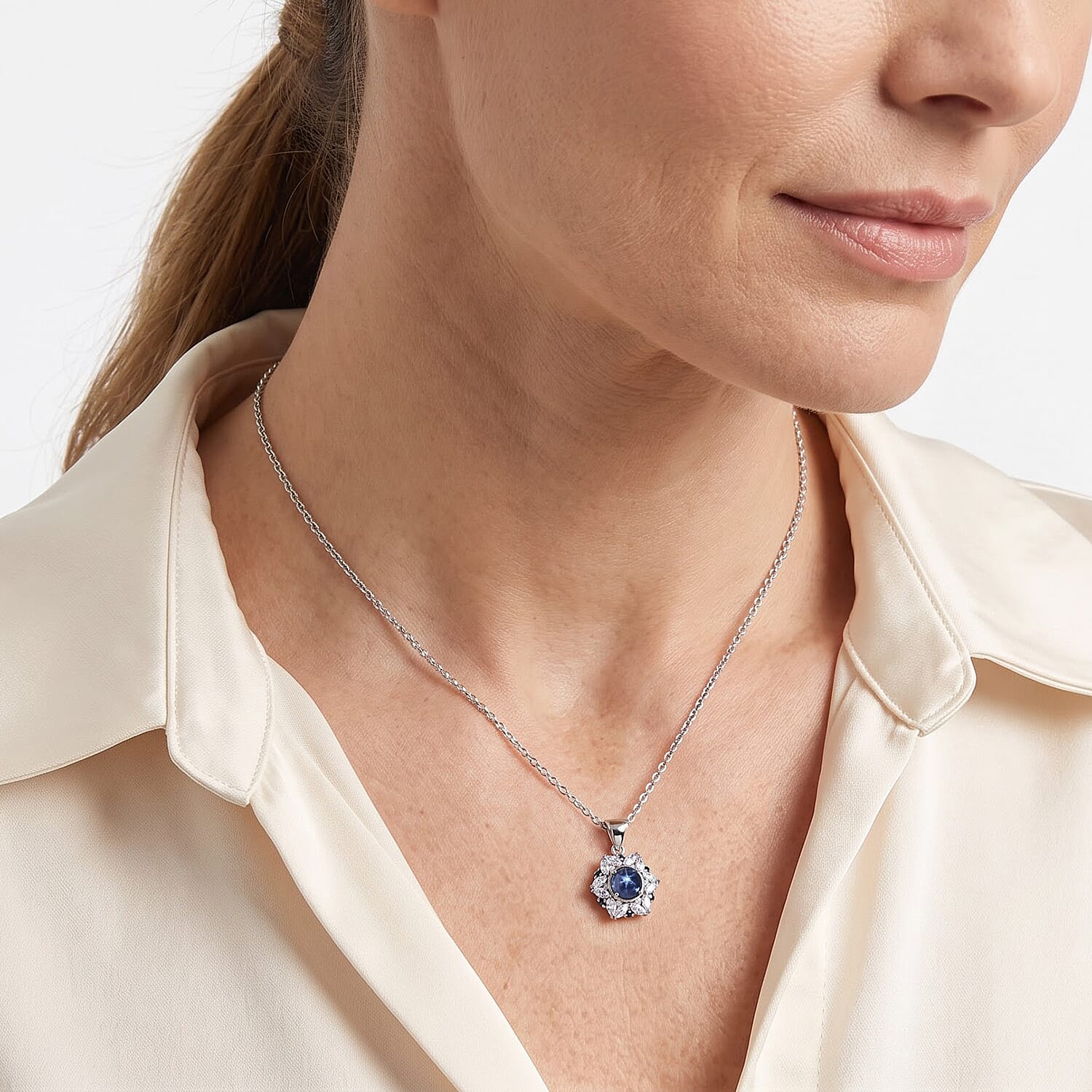 D'Joy Premium Blue Star Sapphire (DF) and Multi Gemstone 3.60 ctw The Celestial Bloom Pendant Necklace in Rhodium Over Sterling Silver 20 Inches