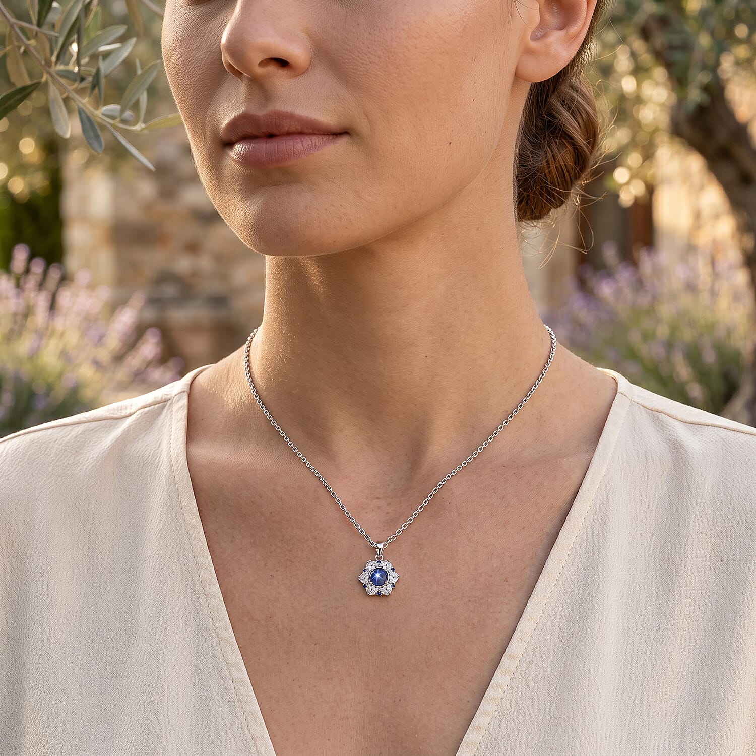 D'Joy Premium Blue Star Sapphire (DF) and Multi Gemstone 3.60 ctw The Celestial Bloom Pendant Necklace in Rhodium Over Sterling Silver 20 Inches