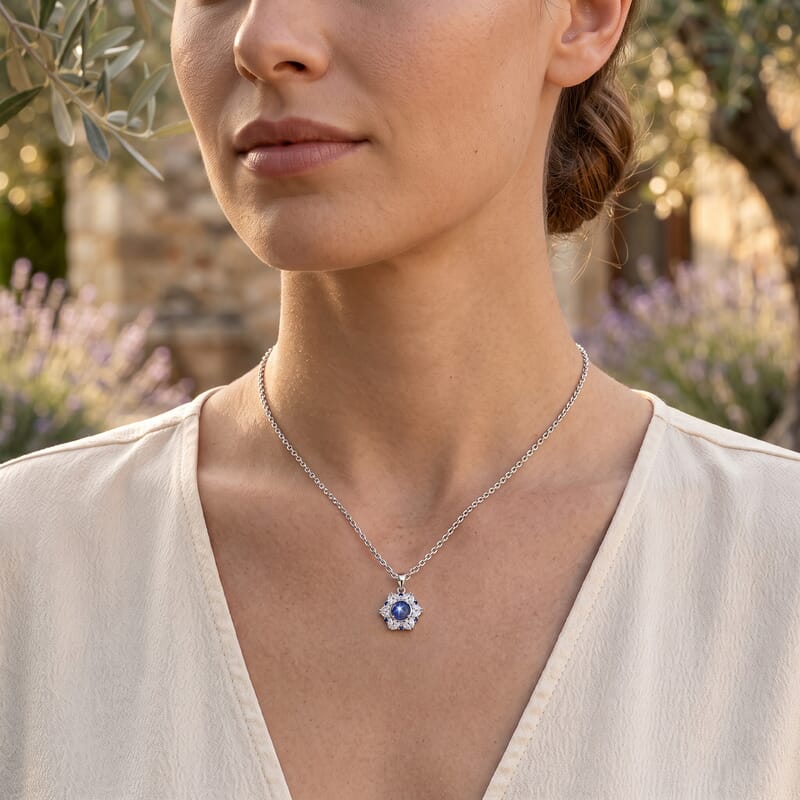 D'Joy Premium Blue Star Sapphire (DF) and Multi Gemstone 3.60 ctw The Celestial Bloom Pendant Necklace in Rhodium Over Sterling Silver 20 Inches
