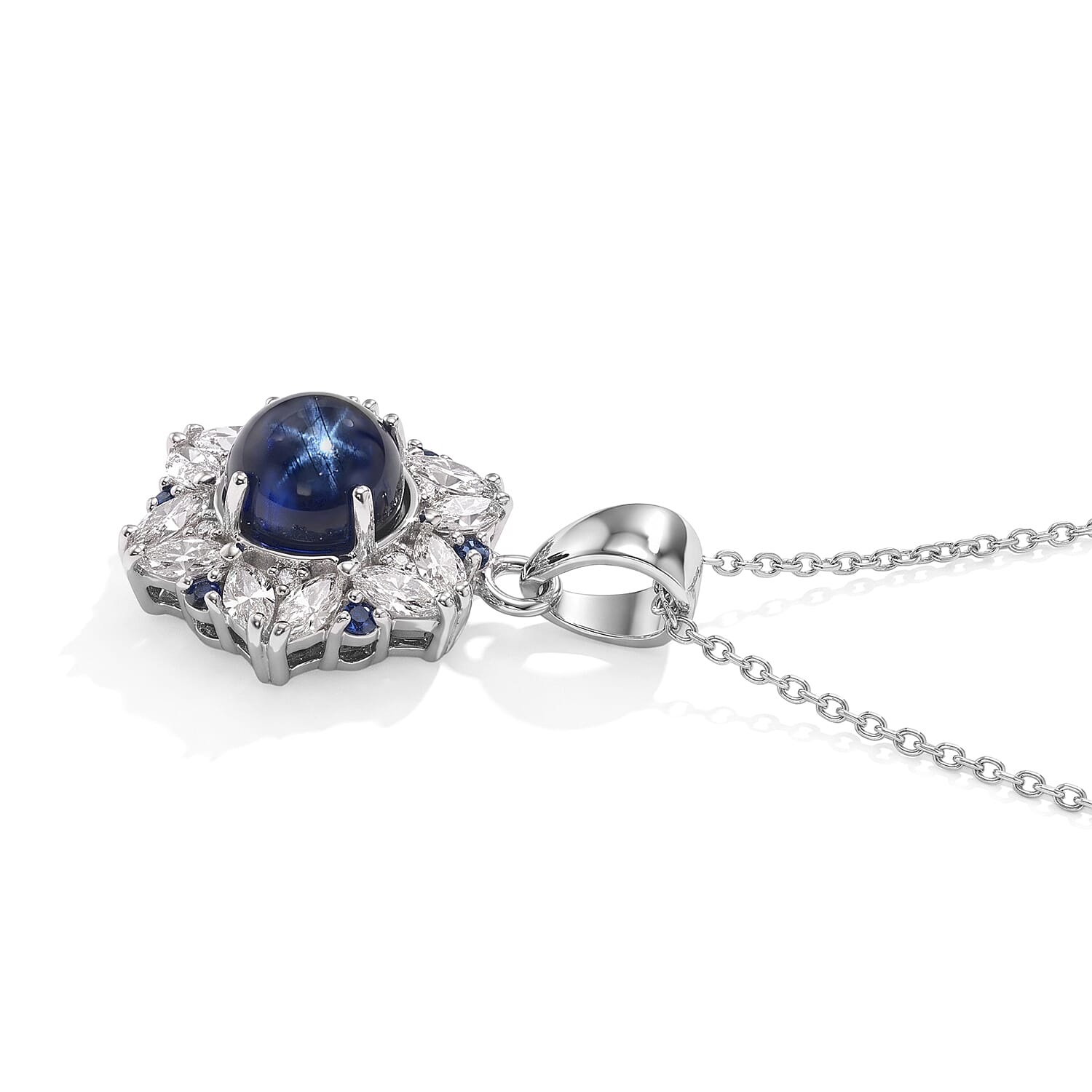 D'Joy Premium Blue Star Sapphire (DF) and Multi Gemstone 3.60 ctw The Celestial Bloom Pendant Necklace in Rhodium Over Sterling Silver 20 Inches