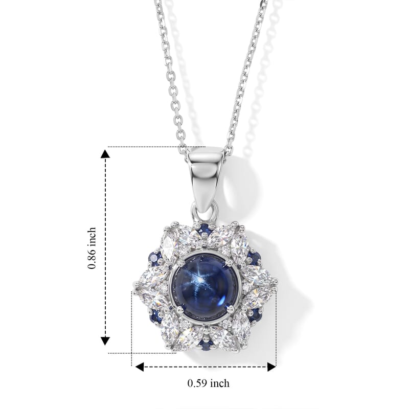 D'Joy Premium Blue Star Sapphire (DF) and Multi Gemstone 3.60 ctw The Celestial Bloom Pendant Necklace in Rhodium Over Sterling Silver 20 Inches