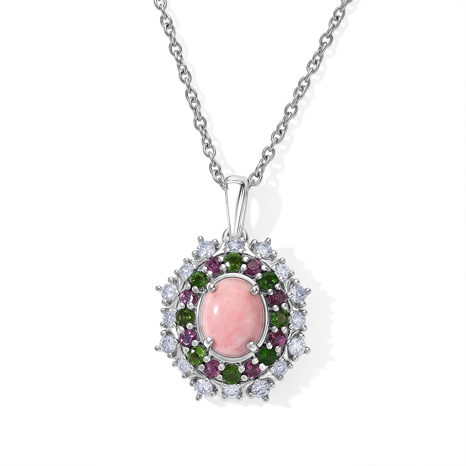 EverTrue Oregon Sunurise Peach Opal and Multi Gemstone 2.90 ctw Pendant in Platinum Bond with Stainless Steel Necklace 20 Inches