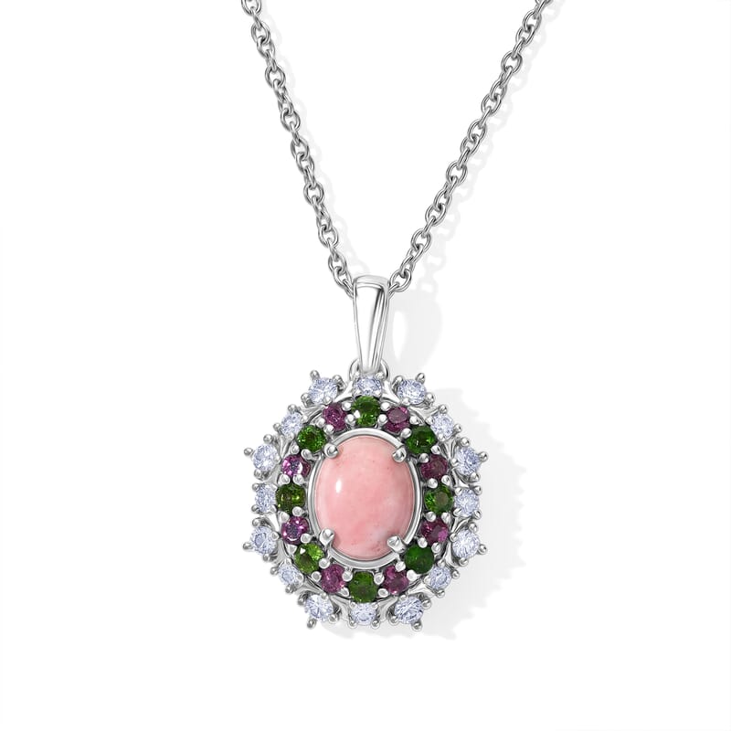 EverTrue Oregon Sunurise Peach Opal and Multi Gemstone 2.90 ctw Pendant in Platinum Bond with Stainless Steel Necklace 20 Inches