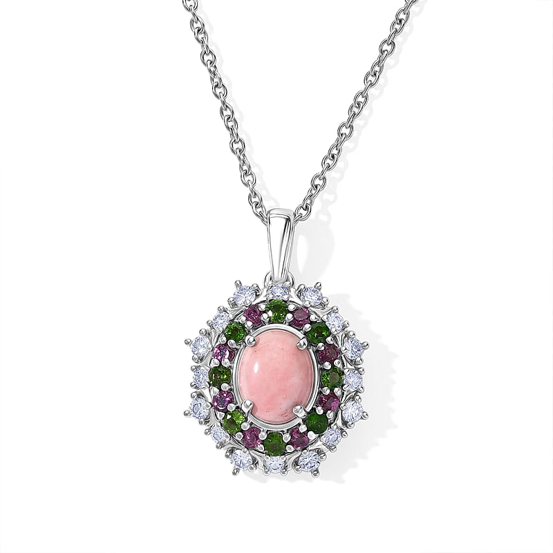 EverTrue Oregon Sunurise Peach Opal and Multi Gemstone 2.90 ctw Pendant in Platinum Bond with Stainless Steel Necklace 20 Inches