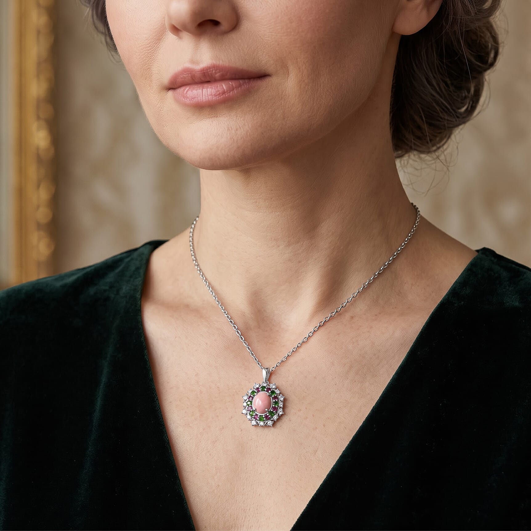 EverTrue Oregon Sunurise Peach Opal and Multi Gemstone 2.90 ctw Pendant in Platinum Bond with Stainless Steel Necklace 20 Inches