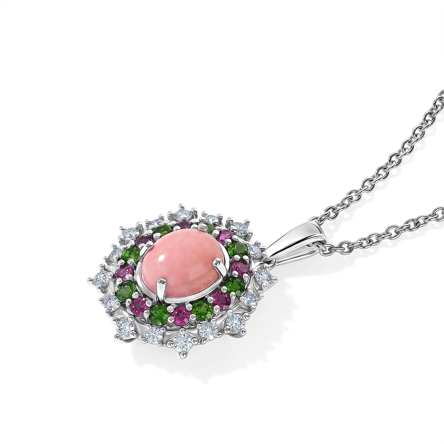 EverTrue Oregon Sunurise Peach Opal and Multi Gemstone 2.90 ctw Pendant in Platinum Bond with Stainless Steel Necklace 20 Inches
