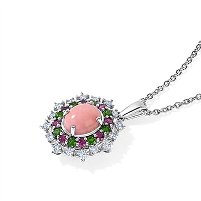 EverTrue Oregon Sunurise Peach Opal and Multi Gemstone 2.90 ctw Pendant in Platinum Bond with Stainless Steel Necklace 20 Inches
