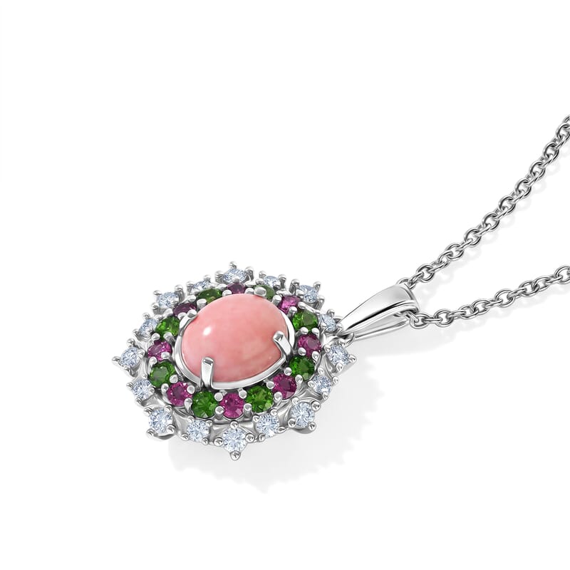 EverTrue Oregon Sunurise Peach Opal and Multi Gemstone 2.90 ctw Pendant in Platinum Bond with Stainless Steel Necklace 20 Inches