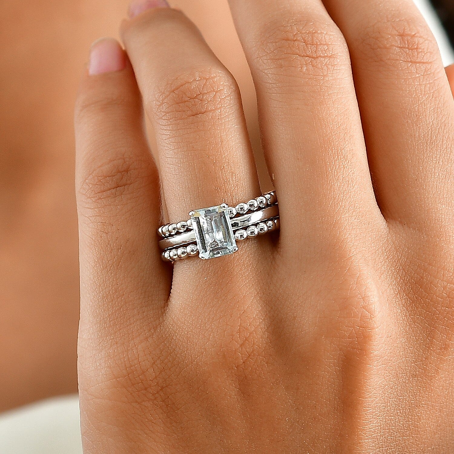 D'Joy Premium Mangoro Aquamarine 1.40 ctw Set of 3 Ring in Rhodium Over Sterling Silver (Size 7.0)