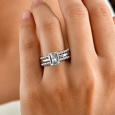 D'Joy Premium Mangoro Aquamarine 1.40 ctw Set of 3 Ring in Rhodium Over Sterling Silver (Size 7.0)