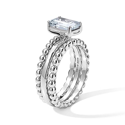 D'Joy Premium Mangoro Aquamarine 1.40 ctw Set of 3 Ring in Rhodium Over Sterling Silver (Size 7.0)