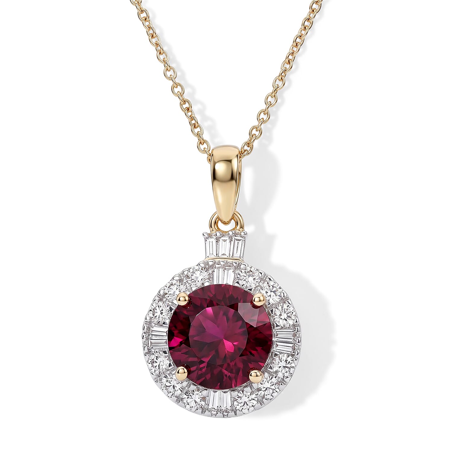 Certified & Appraised AAA Usambara Color Change Garnet and Luxuriant Lab Grown Diamond GH SI 3.50 ctw Pendant Necklace in 10K Yellow Gold 18 Inches