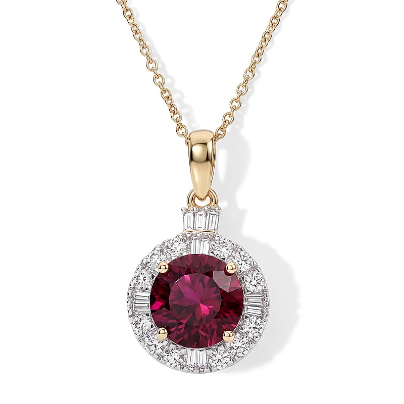 Certified & Appraised AAA Usambara Color Change Garnet and Luxuriant Lab Grown Diamond GH SI 3.50 ctw Pendant Necklace in 10K Yellow Gold 18 Inches