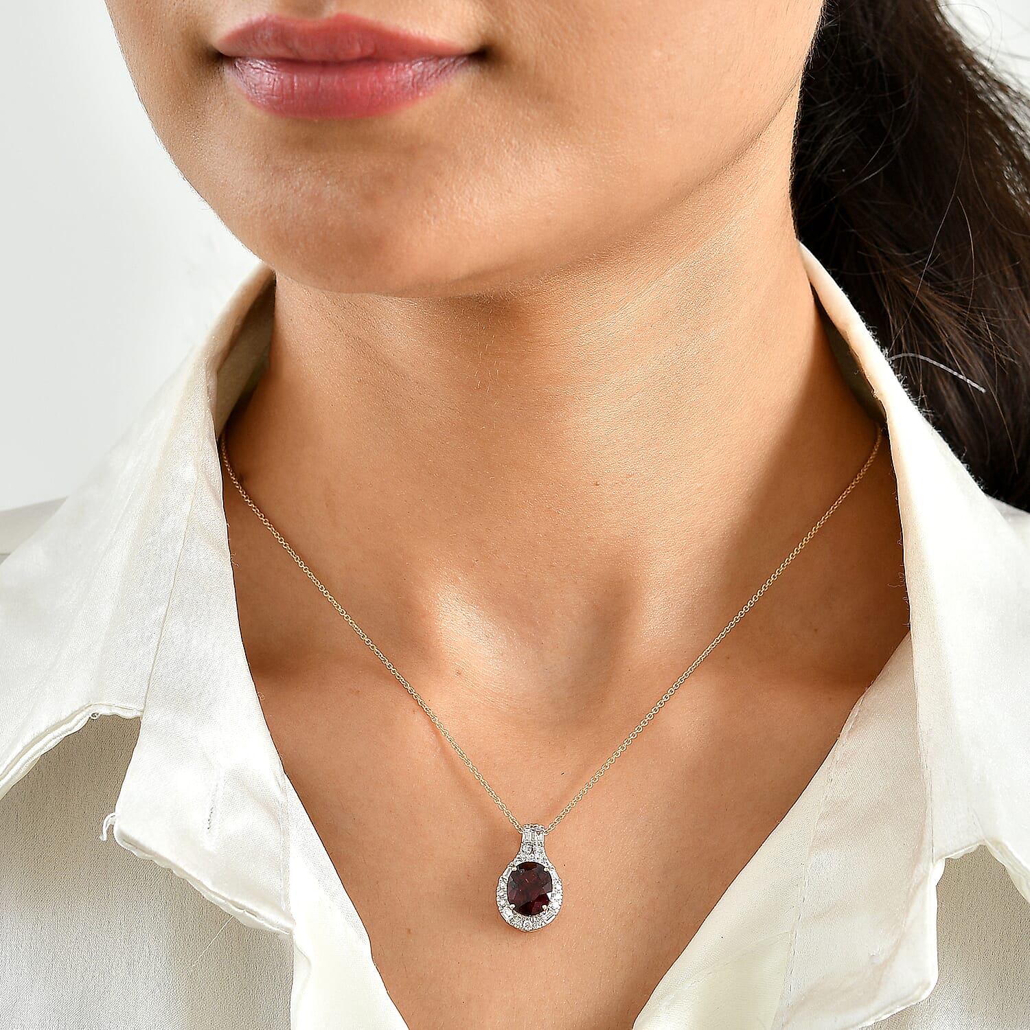 Certified & Appraised AAA Usambara Color Change Garnet and Luxuriant Lab Grown Diamond GH SI 3.90 ctw Pendant Necklace in 10K Yellow Gold 18 Inches
