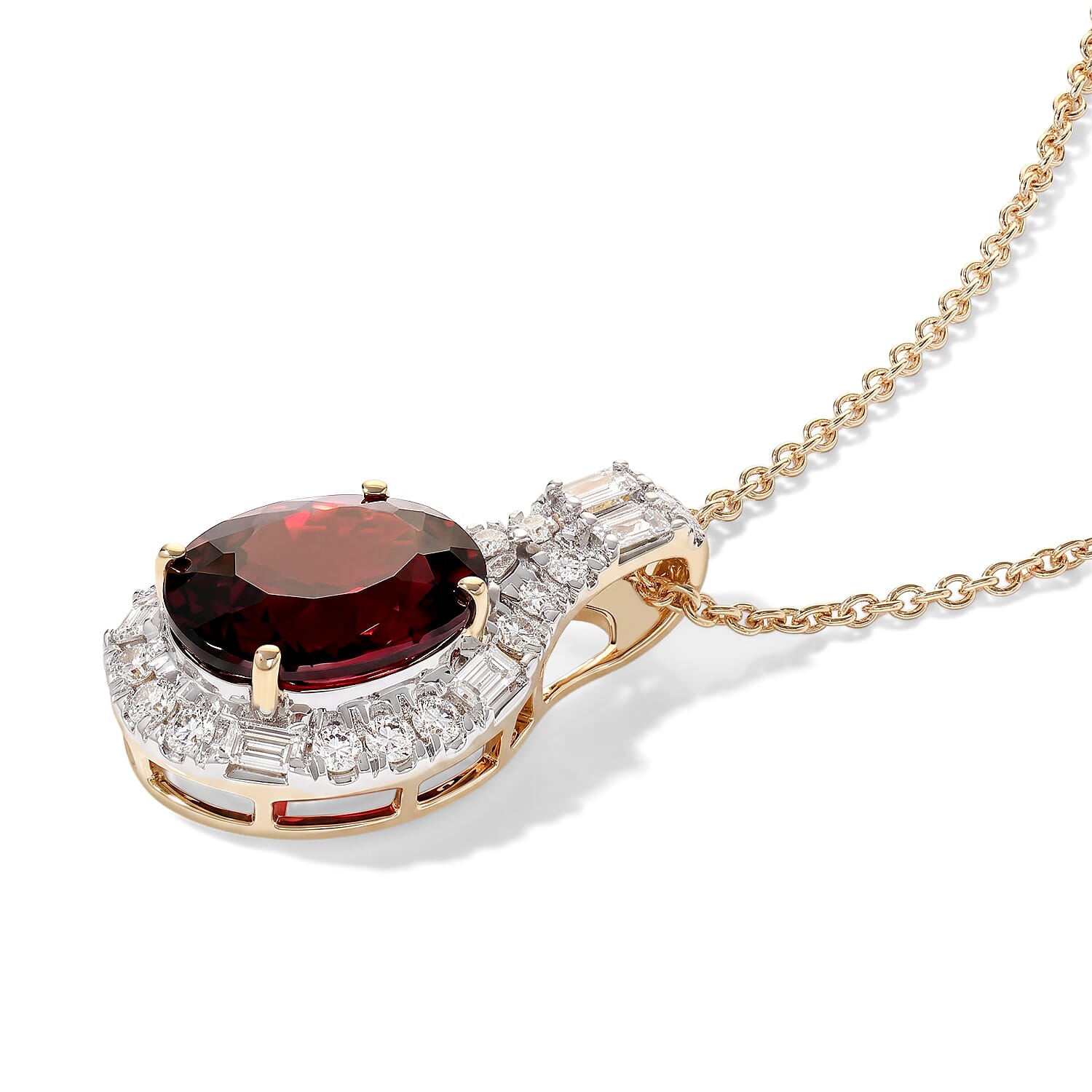 Certified & Appraised AAA Usambara Color Change Garnet and Luxuriant Lab Grown Diamond GH SI 3.90 ctw Pendant Necklace in 10K Yellow Gold 18 Inches