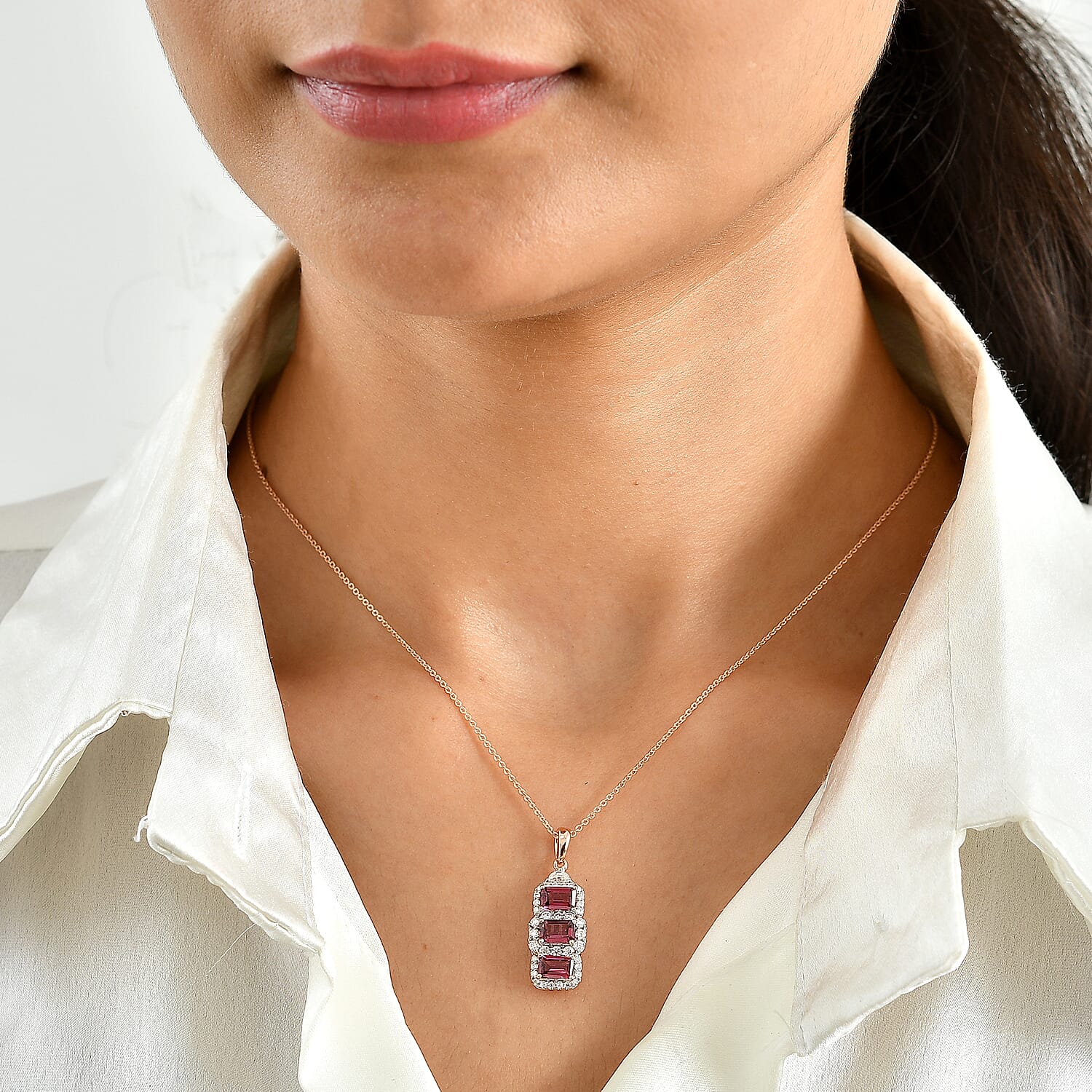 D'Joy Premium Usambara Color Change Garnet and Moissanite 2.55 ctw Pendant Necklace in 18K Vermeil Rose Gold Over Sterling Silver 18 Inches