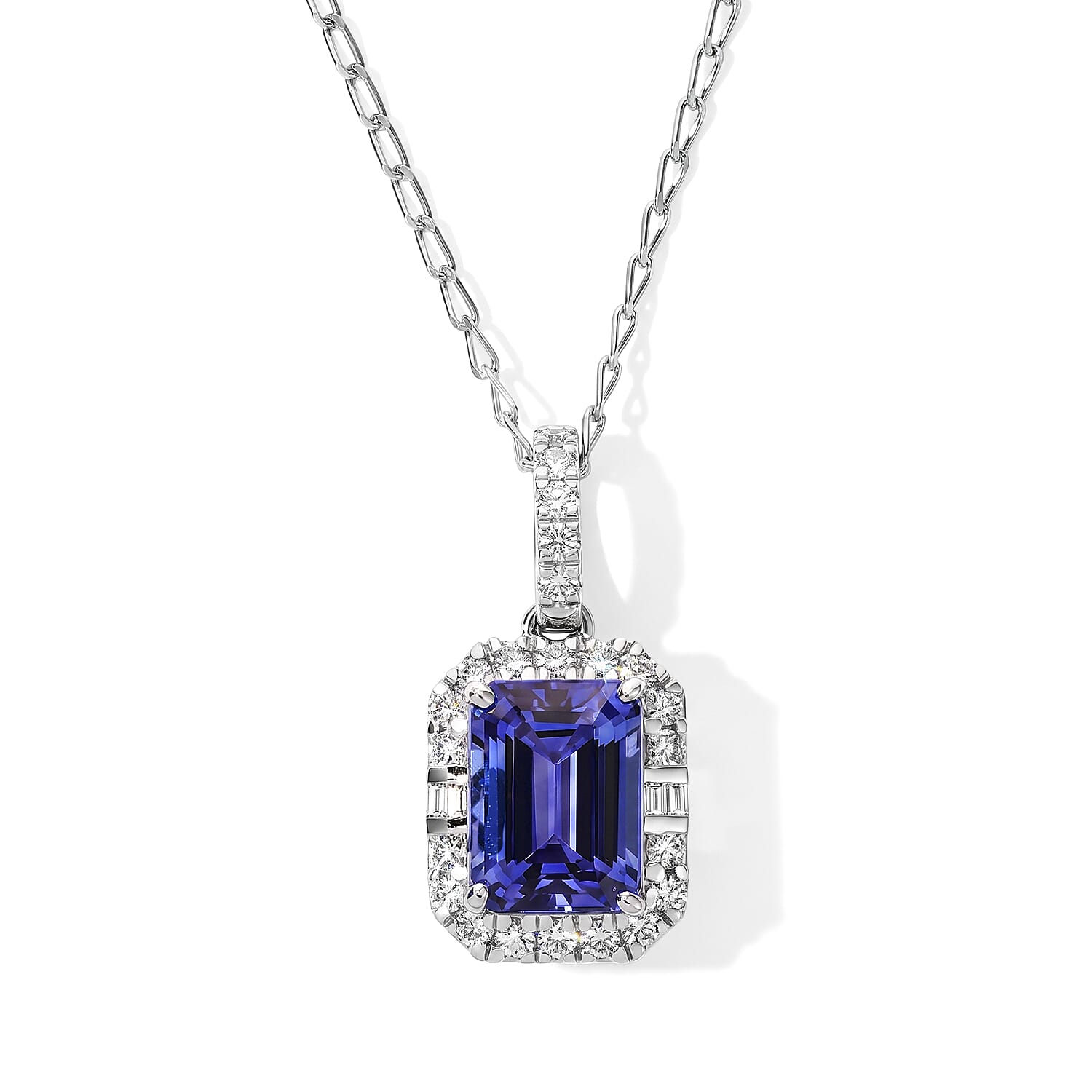 Certified & Appraised Rhapsody AAAA Asscher Cut Tanzanite and Diamond E-F VS 2.11 ctw Pendant Necklace in 950 Platinum (18 Inches)