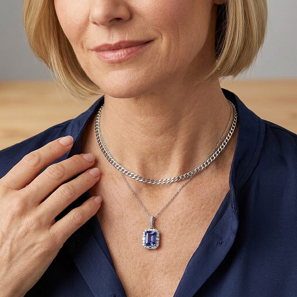 Certified & Appraised Rhapsody AAAA Asscher Cut Tanzanite and Diamond E-F VS 2.11 ctw Pendant Necklace in 950 Platinum (18 Inches)