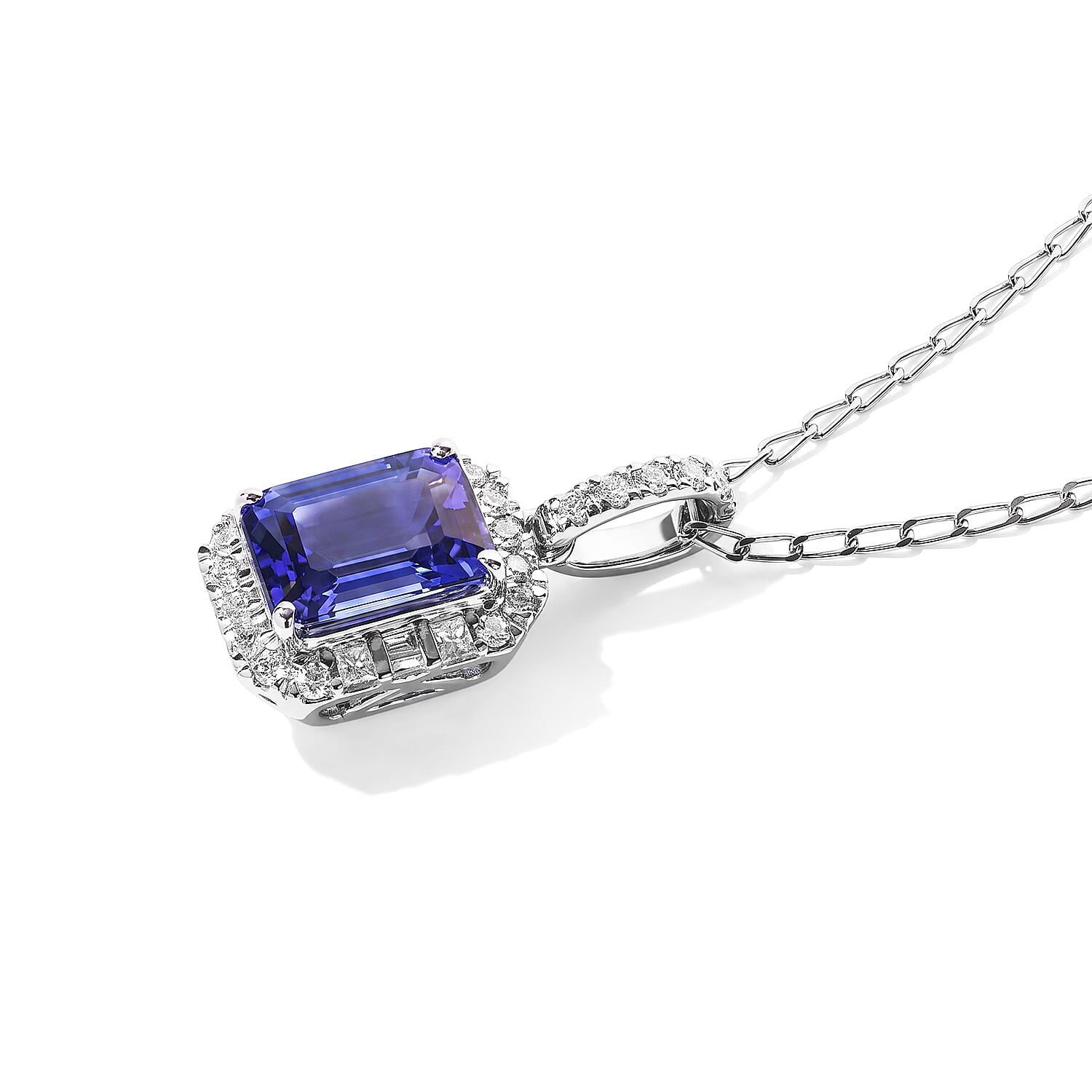 Certified & Appraised Rhapsody AAAA Asscher Cut Tanzanite and Diamond E-F VS 2.11 ctw Pendant Necklace in 950 Platinum (18 Inches)