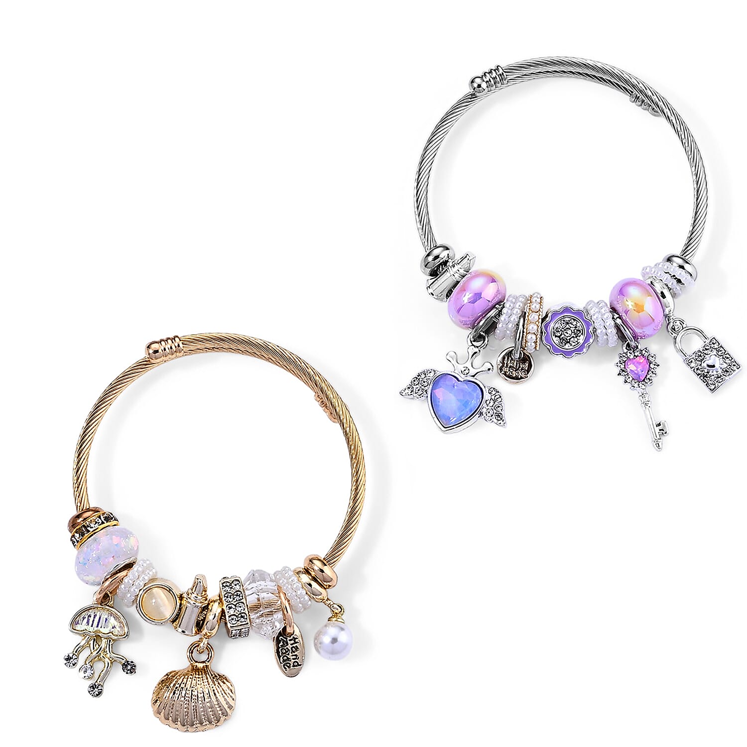 Set of 2 Lab Created Yellow Cat's Eye, Multi Gemstone Butterfly Bangle Bracelet in ION Plated YG and Stainless Steel (Adjustable) 0.06 ctw
