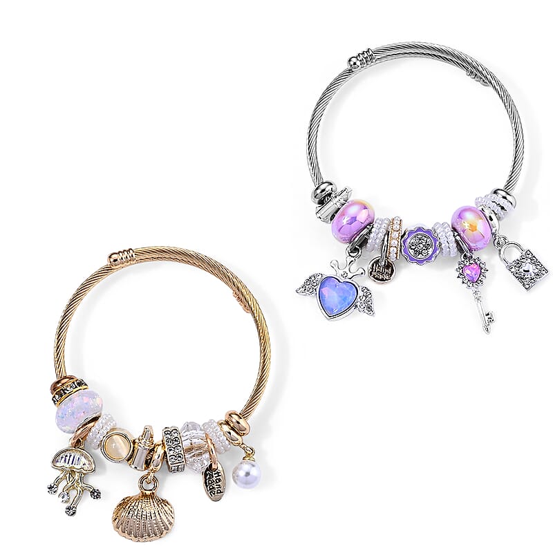 Set of 2 Lab Created Yellow Cat's Eye, Multi Gemstone Butterfly Bangle Bracelet in ION Plated YG and Stainless Steel (Adjustable) 0.06 ctw