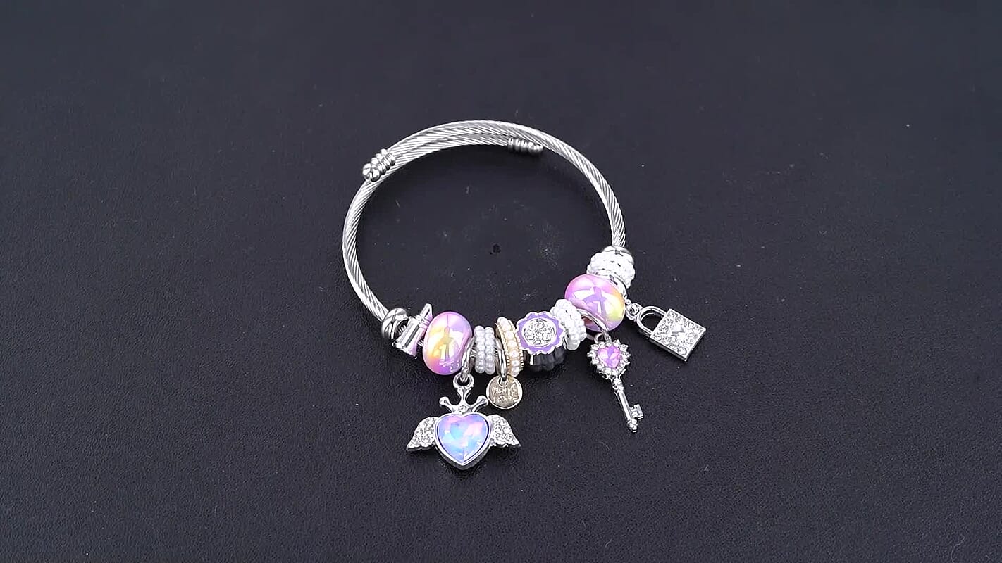 Set of 2 Lab Created Yellow Cat's Eye, Multi Gemstone Butterfly Bangle Bracelet in ION Plated YG and Stainless Steel (Adjustable) 0.06 ctw