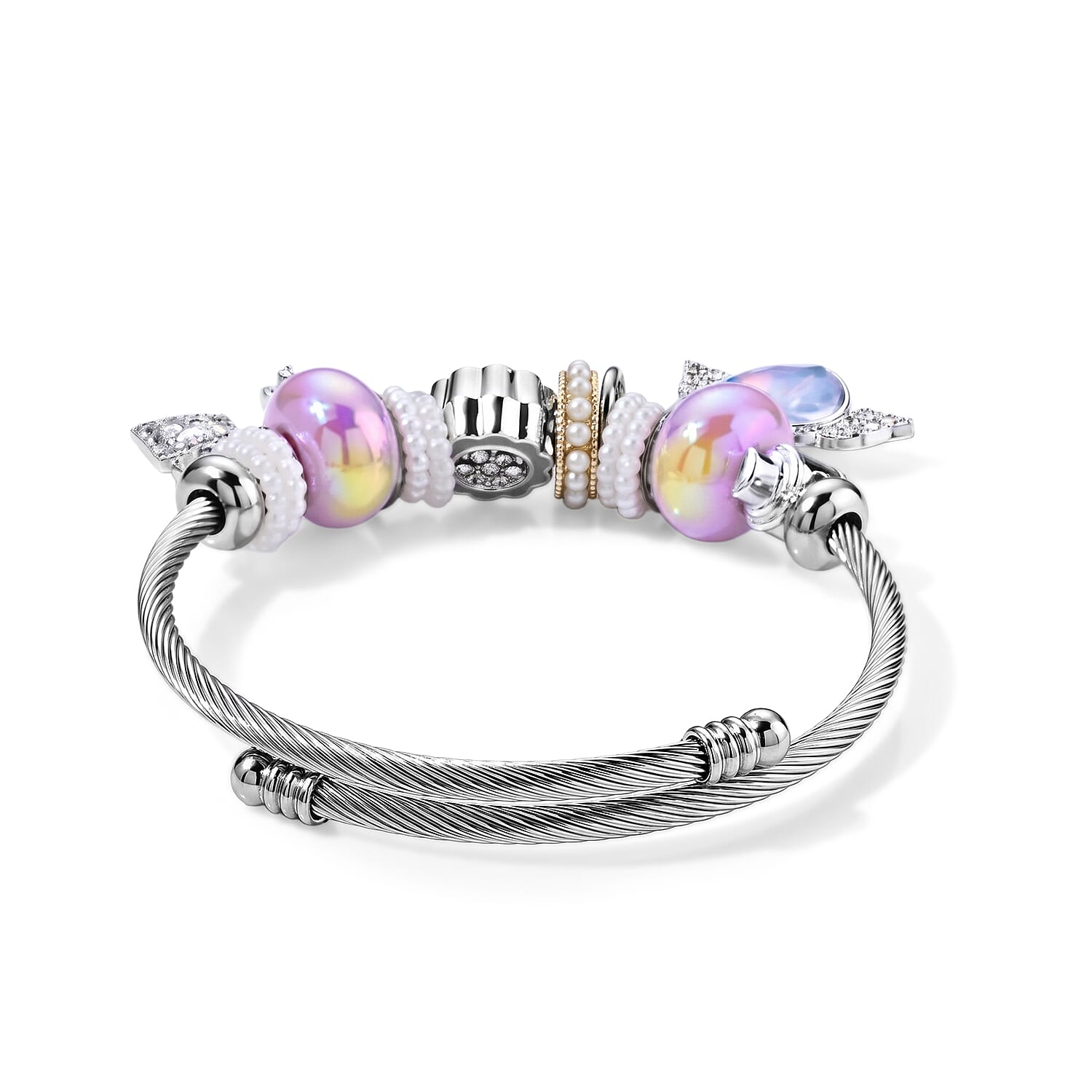 Set of 2 Lab Created Yellow Cat's Eye, Multi Gemstone Butterfly Bangle Bracelet in ION Plated YG and Stainless Steel (Adjustable) 0.06 ctw