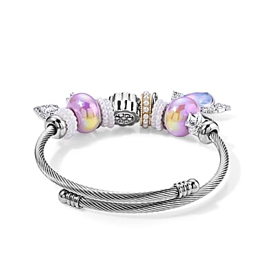 Set of 2 Lab Created Yellow Cat's Eye, Multi Gemstone Butterfly Bangle Bracelet in ION Plated YG and Stainless Steel (Adjustable) 0.06 ctw