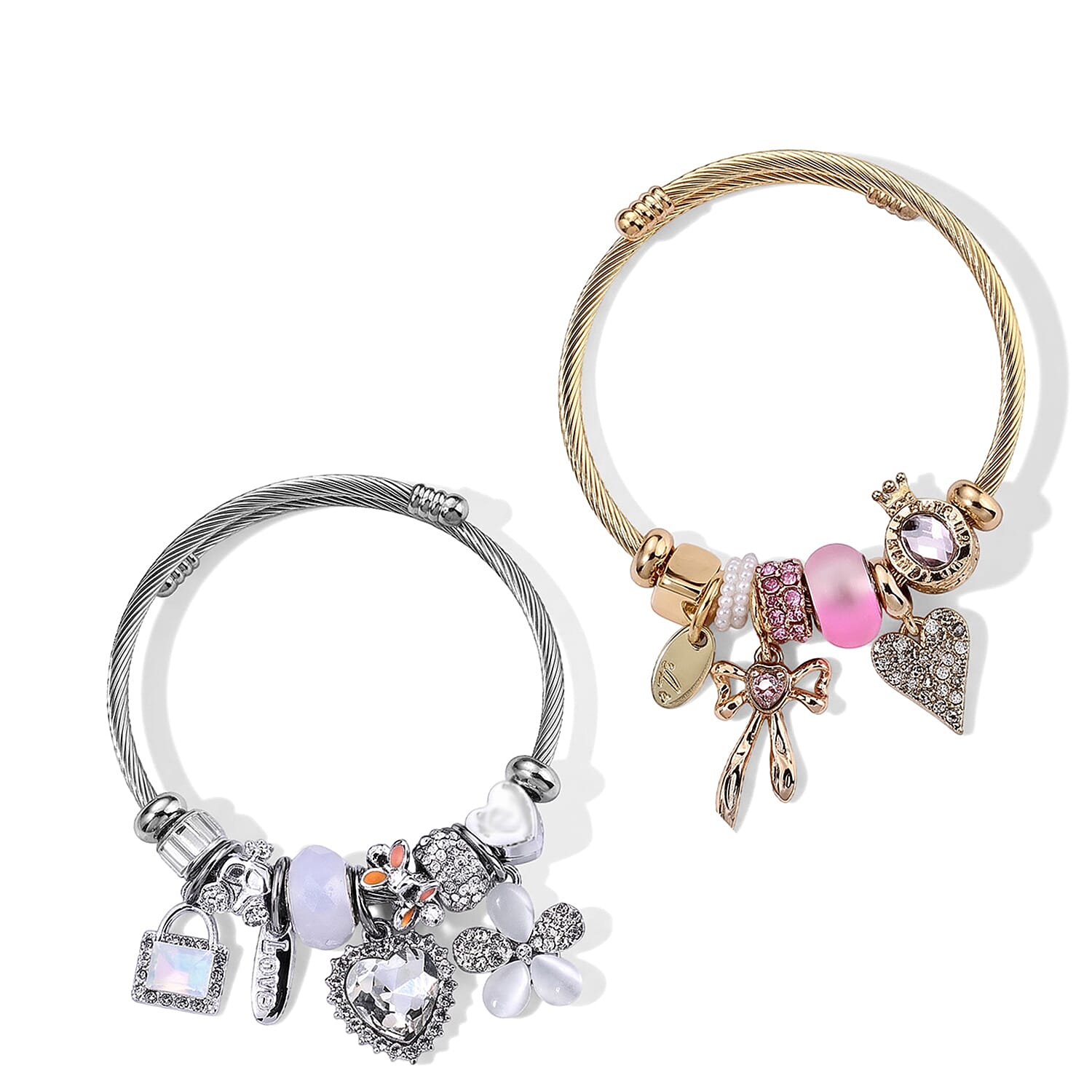 Set of 2 Lab Created White Cat's Eye, Multi Gemstone Heart and Floral Charm Bangle Bracelet in ION Plated YG and Stainless Steel (Adjustable)