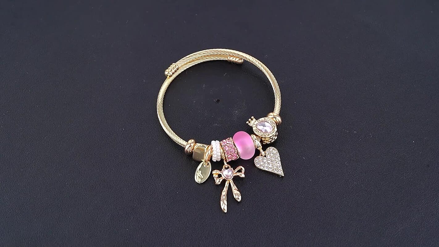 Lab Created White Cat''s Eye, Multi Gemstone Heart and Floral Charm Bangle Bracelet in ION Plated Yellow Gold & Stainless Steel