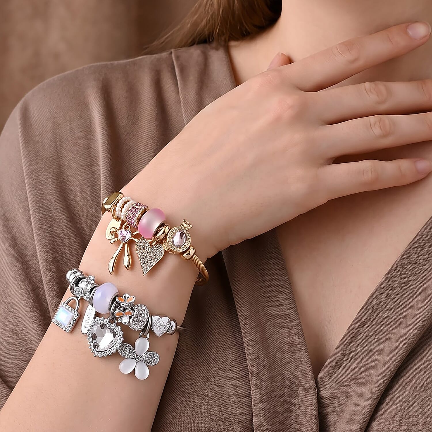 Set of 2 Lab Created White Cat's Eye, Multi Gemstone Heart and Floral Charm Bangle Bracelet in ION Plated YG and Stainless Steel (Adjustable)