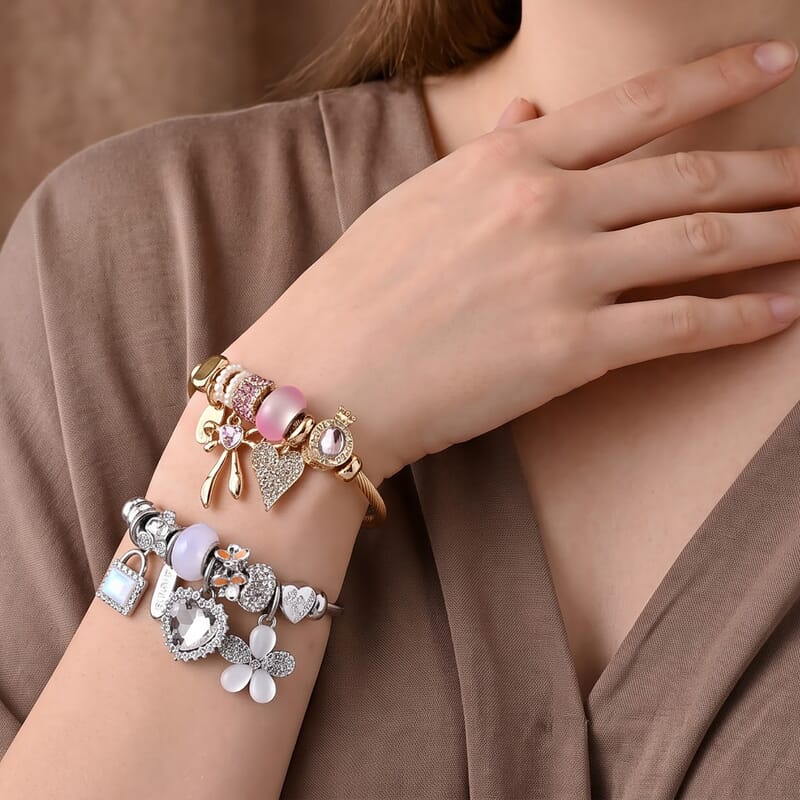 Set of 2 Lab Created White Cat's Eye, Multi Gemstone Heart and Floral Charm Bangle Bracelet in ION Plated YG and Stainless Steel (Adjustable) 25.04 ctw