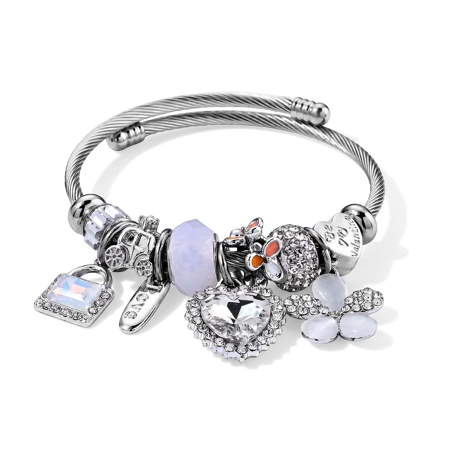 Set of 2 Lab Created White Cat's Eye, Multi Gemstone Heart and Floral Charm Bangle Bracelet in ION Plated YG and Stainless Steel (Adjustable)