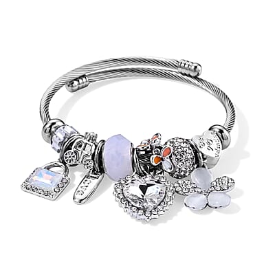 Set of 2 Lab Created White Cat's Eye, Multi Gemstone Heart and Floral Charm Bangle Bracelet in ION Plated YG and Stainless Steel (Adjustable)