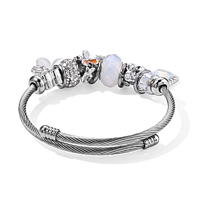 Set of 2 Lab Created White Cat's Eye, Multi Gemstone Heart and Floral Charm Bangle Bracelet in ION Plated YG and Stainless Steel (Adjustable)