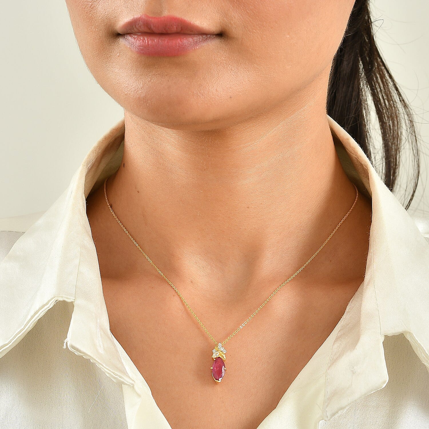 GP Premium African Ruby and White Zircon 2.40 ctw Pendant Necklace (20 Inches) in 18K Vermeil Yellow Gold Over Sterling Silver