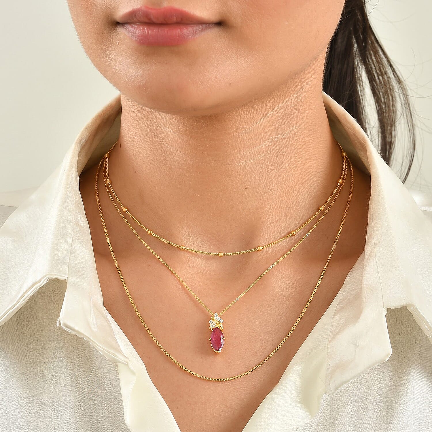 GP Premium African Ruby and White Zircon 2.40 ctw Pendant Necklace (20 Inches) in 18K Vermeil Yellow Gold Over Sterling Silver