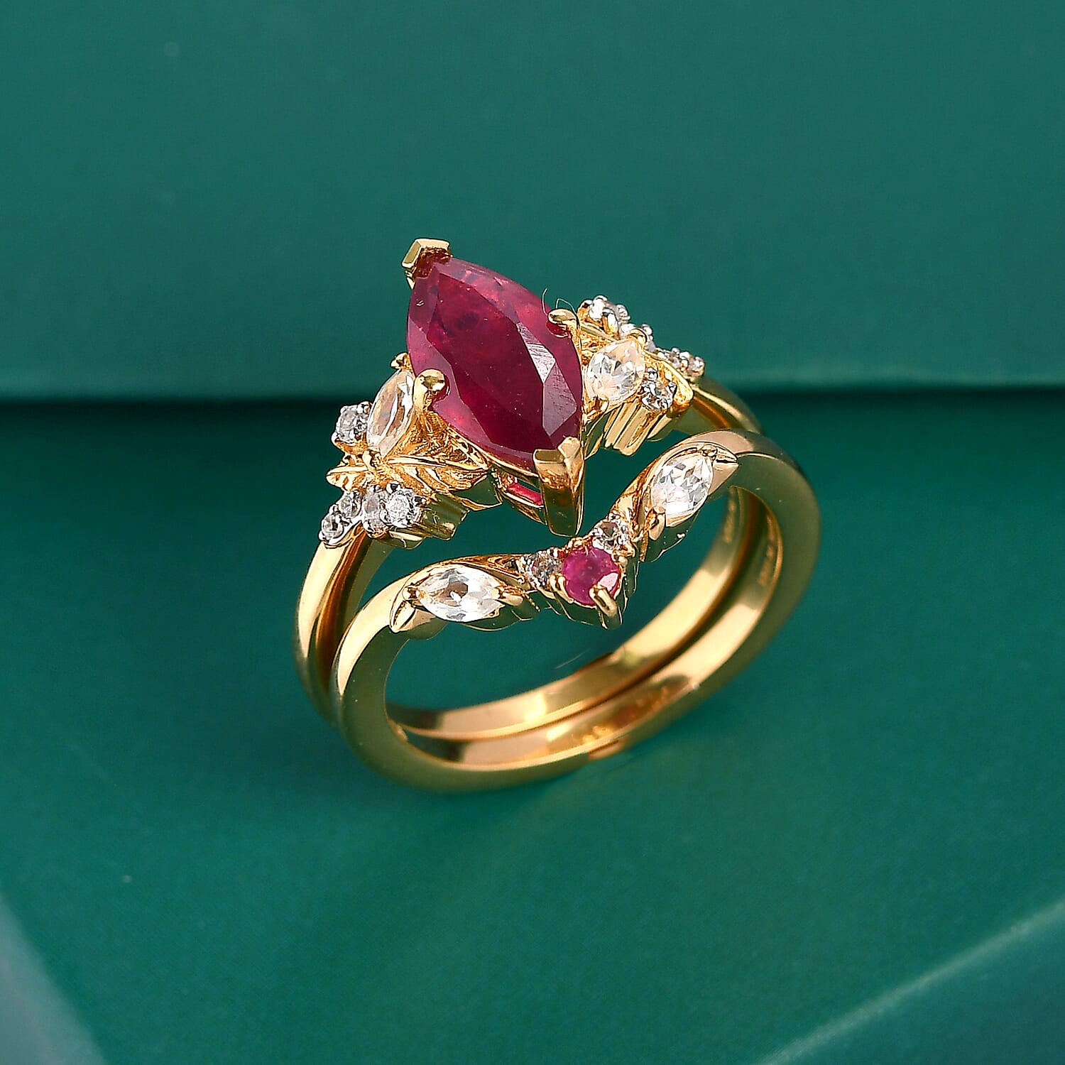 GP Premium African Ruby and White Zircon 3.00 ctw Set of 2 Stackable Ring in 18K Vermeil YG Over Sterling Silver (Size 6.0)