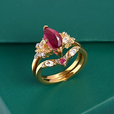 GP Premium African Ruby and White Zircon 3.00 ctw Set of 2 Stackable Ring in 18K Vermeil Yellow Gold Over Sterling Silver (Size 7.0)