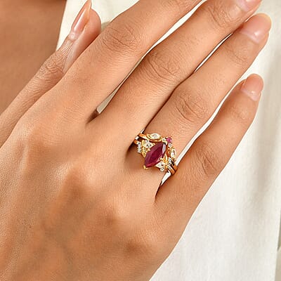 GP Premium African Ruby and White Zircon 3.00 ctw Set of 2 Stackable Ring in 18K Vermeil Yellow Gold Over Sterling Silver (Size 7.0)
