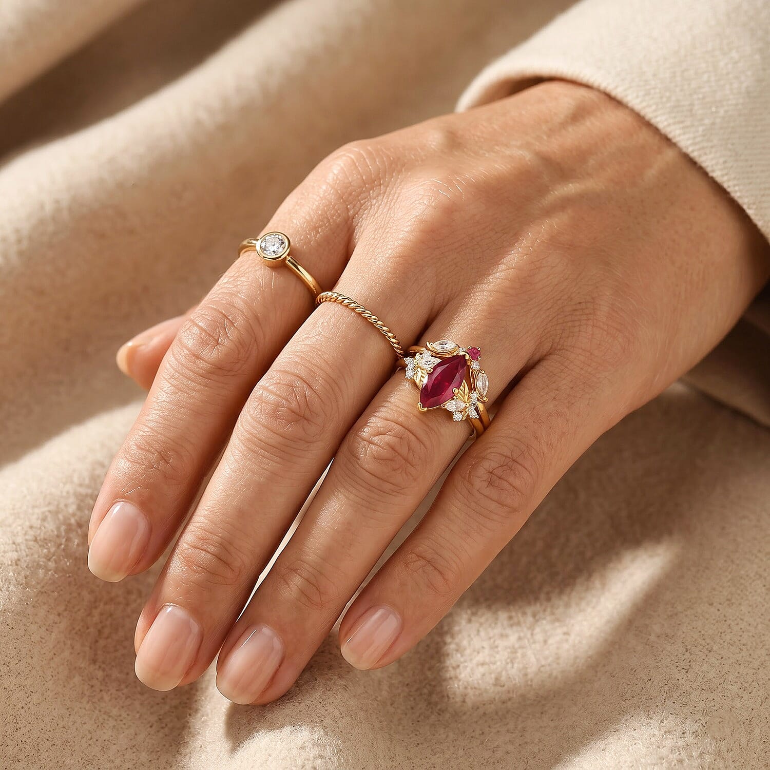 GP Premium African Ruby and White Zircon 3.00 ctw Set of 2 Stackable Ring in 18K Vermeil Yellow Gold Over Sterling Silver (Size 7.0)