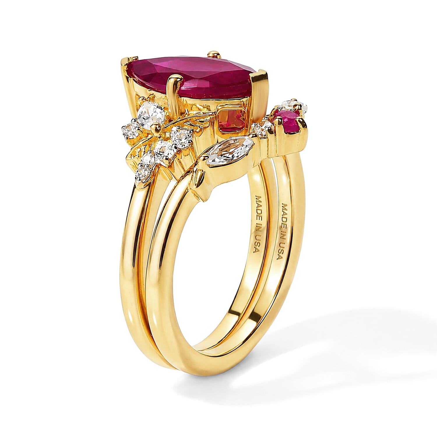 GP Premium African Ruby and White Zircon 3.00 ctw Set of 2 Stackable Ring in 18K Vermeil Yellow Gold Over Sterling Silver (Size 7.0)