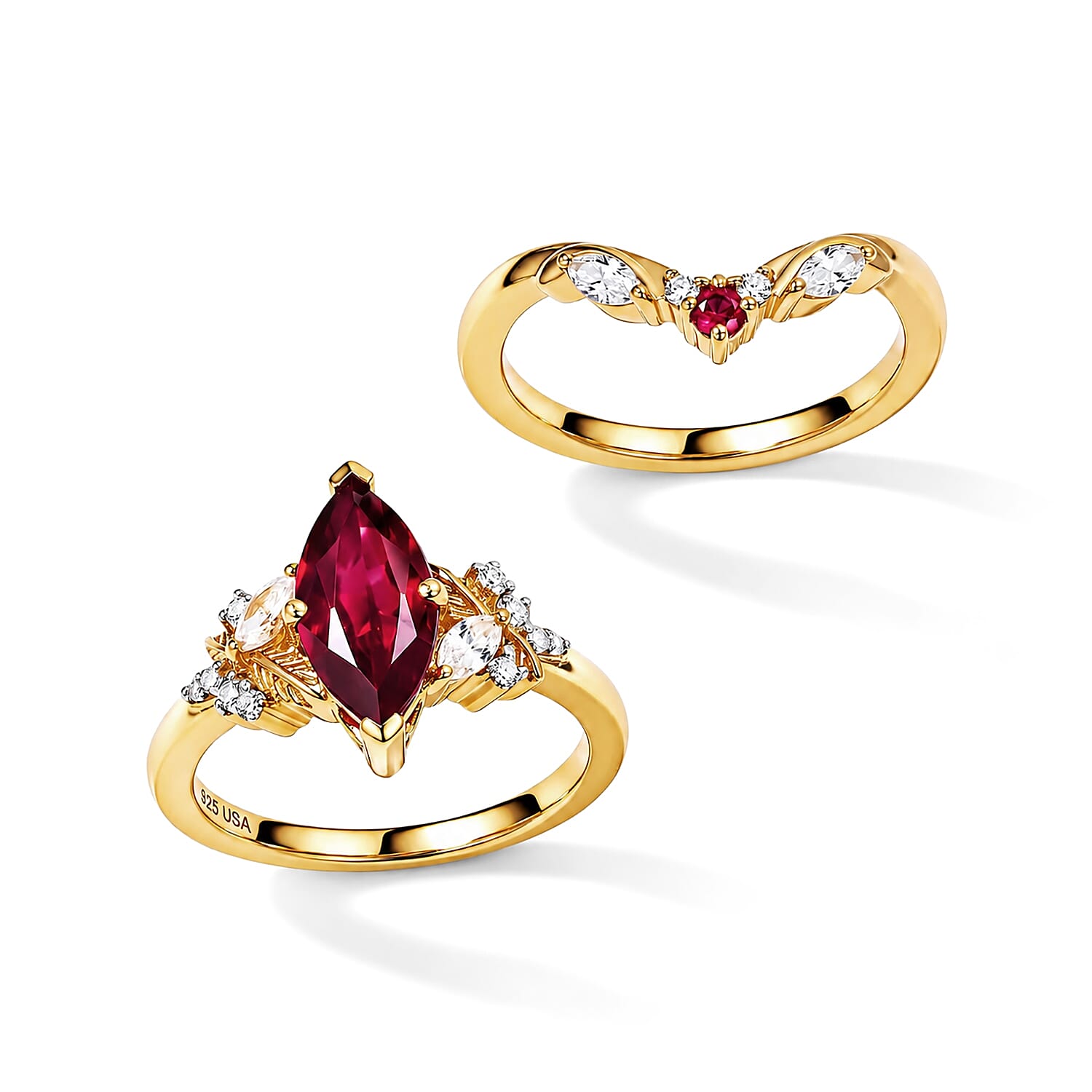 GP Premium African Ruby and White Zircon 3.00 ctw Set of 2 Stackable Ring in 18K Vermeil Yellow Gold Over Sterling Silver (Size 7.0)