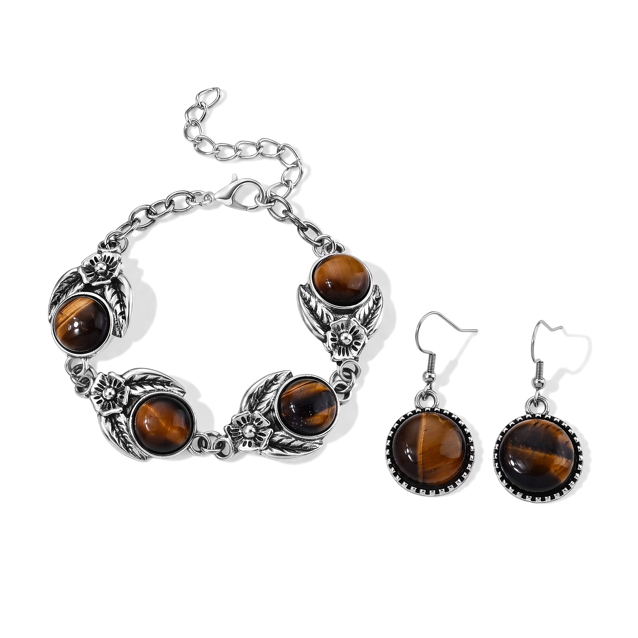 Yellow Tigers Eye 75.00 ctw Earrings and Bracelet (7-9In) in Silvertone and Stainless Steel