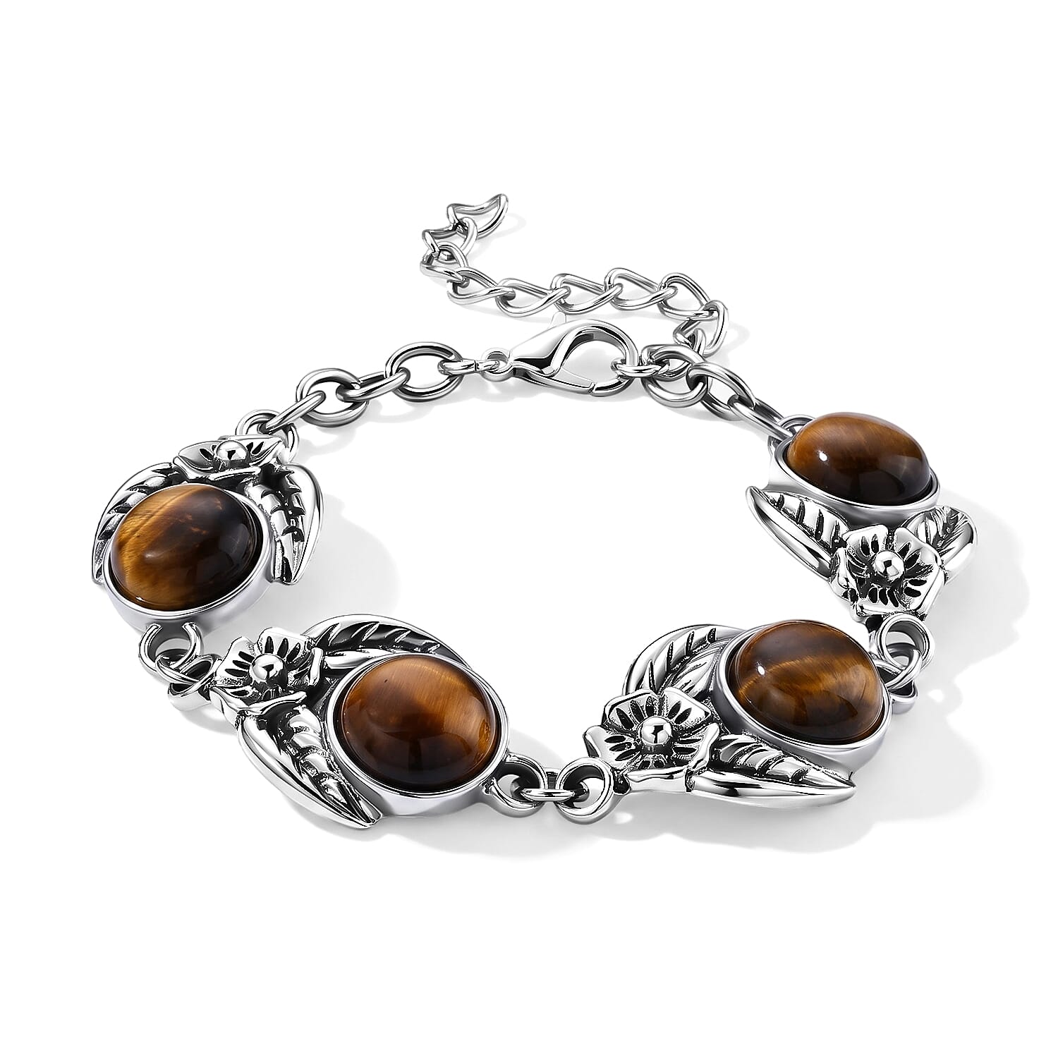 Yellow Tigers Eye 75.00 ctw Earrings and Bracelet (7-9In) in Silvertone and Stainless Steel