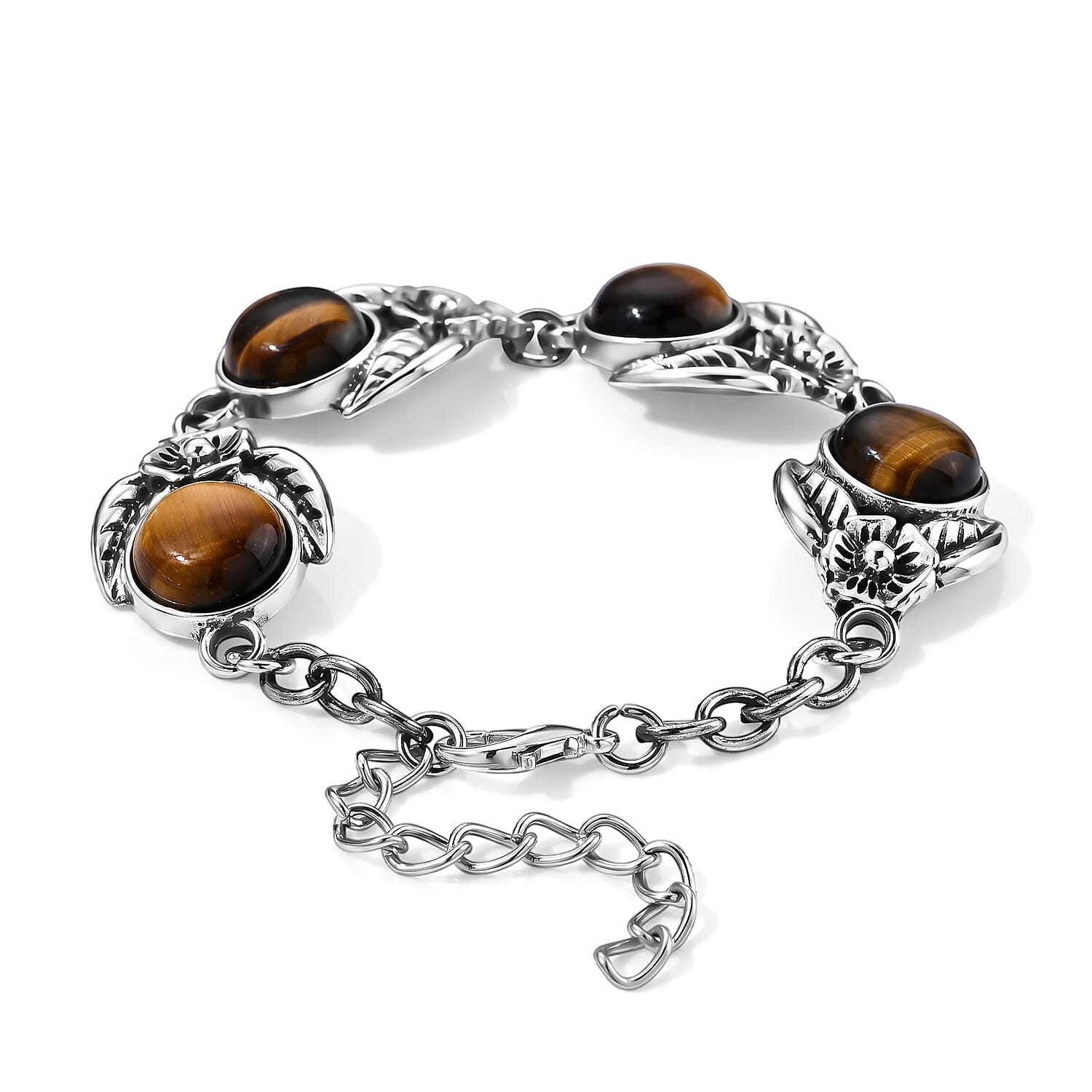 Yellow Tigers Eye 75.00 ctw Earrings and Bracelet (7-9In) in Silvertone and Stainless Steel
