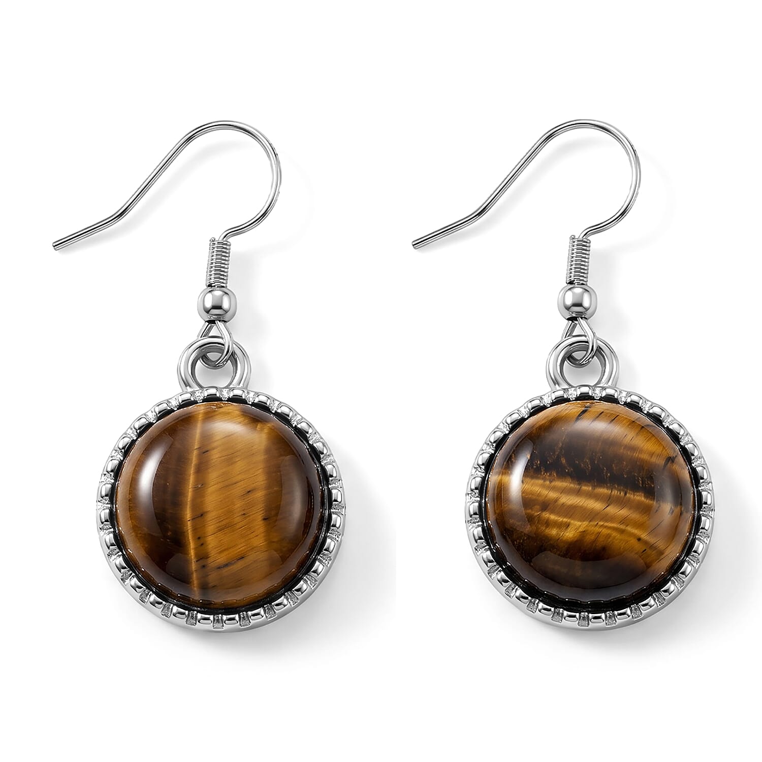 Yellow Tigers Eye 75.00 ctw Earrings and Bracelet (7-9In) in Silvertone and Stainless Steel