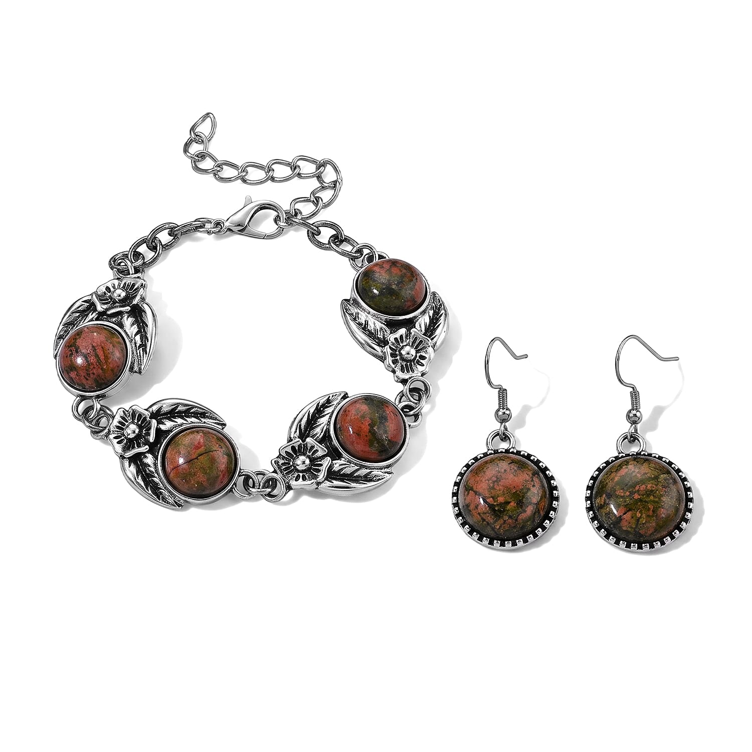 Unakite 75.00 ctw Earrings and Bracelet (7-9In) in Silvertone and Stainless Steel