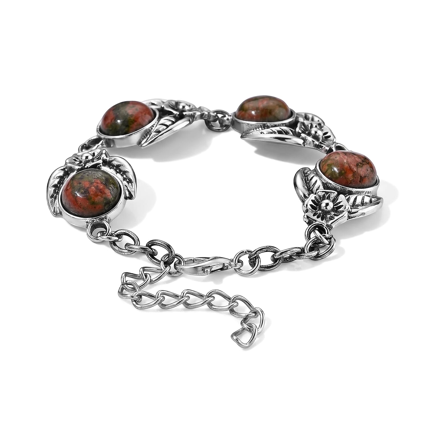 Unakite 75.00 ctw Earrings and Bracelet (7-9In) in Silvertone and Stainless Steel